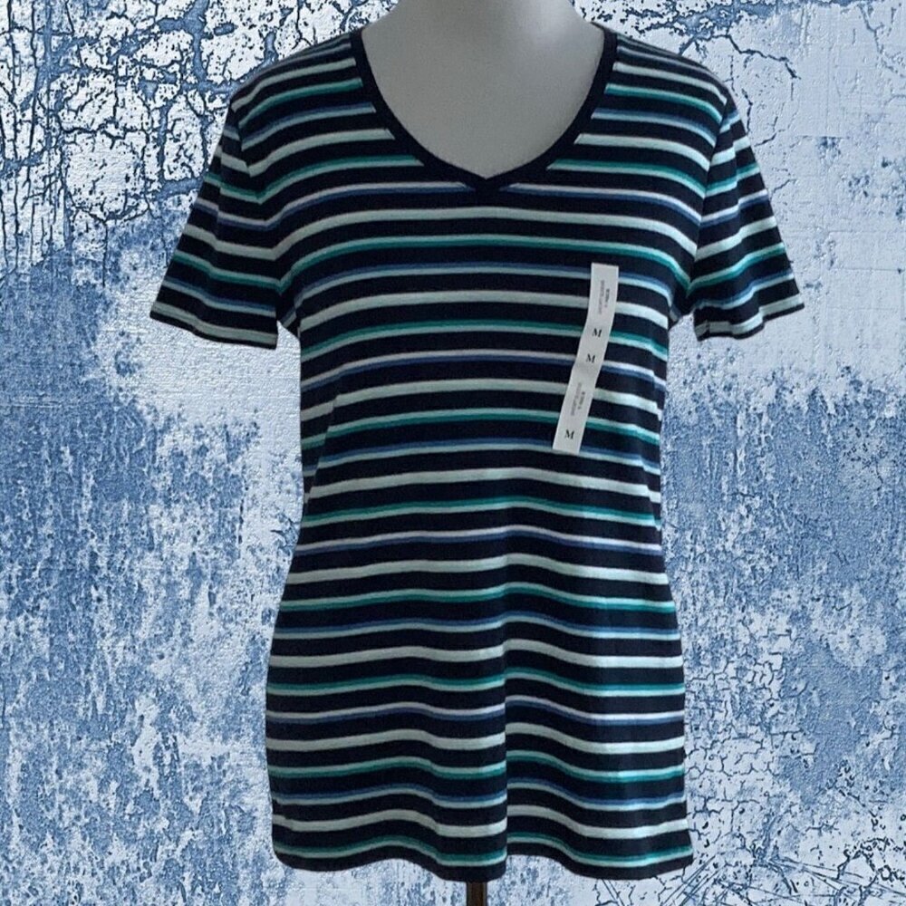 Croft & Barrow classic vneck short sleeve blue striped pullover tee NEW Medium - Picture 6 of 8